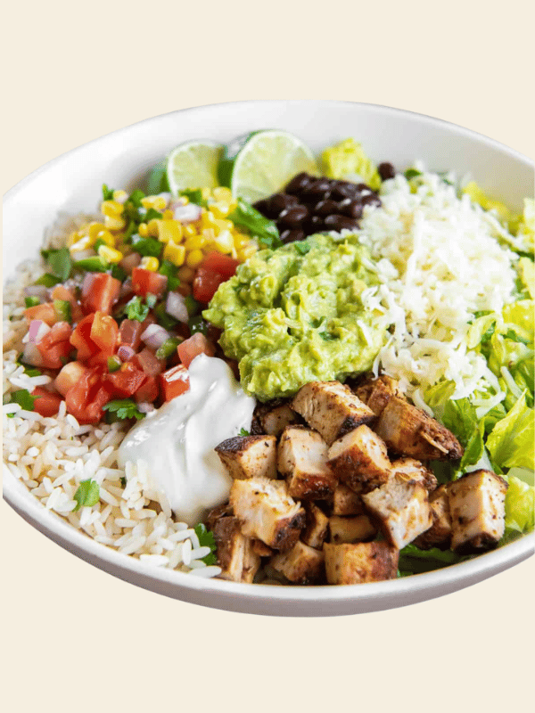 Chipotle Burrito Bowl with chicken, rice, beans and toppings